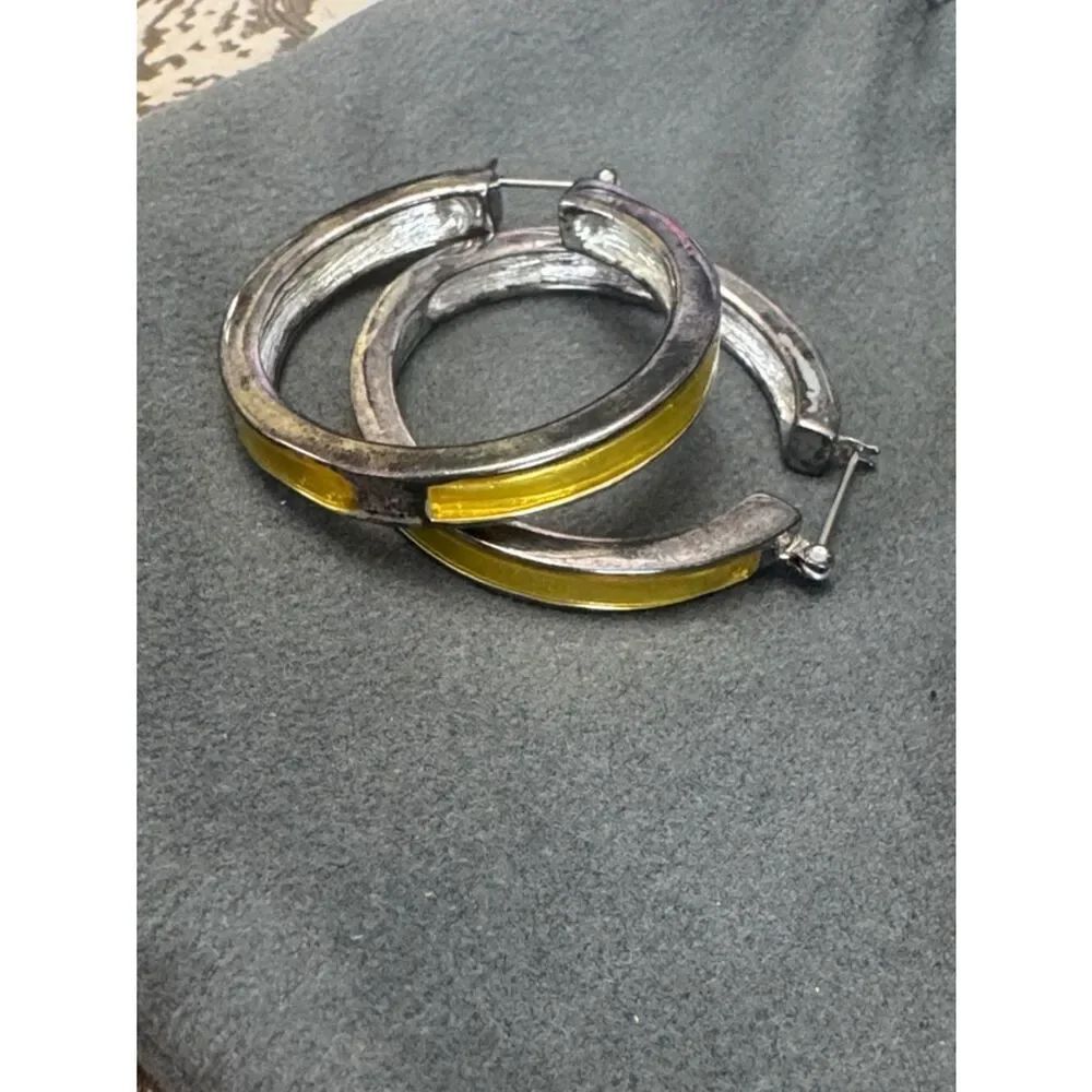 💝 RARE! VTG *Givenchy* 1.5” Yellow Inlaid Enamel Hoop Earrings READ